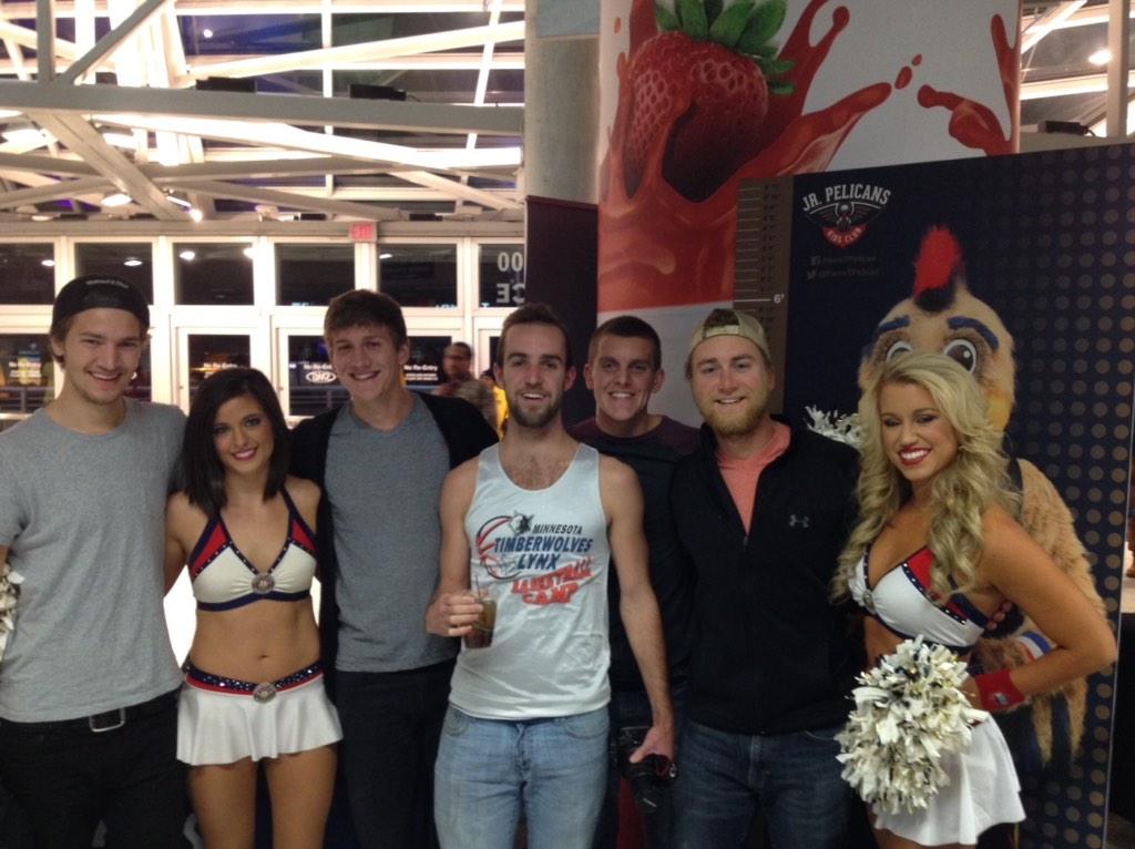 AMenacher's tweet photo. @itscoopdaddy @RDKostick @A_Handy13 #adamlarson and I hanging with the @PelicansNBA dance team http://t.co/W2Ouef1vfE