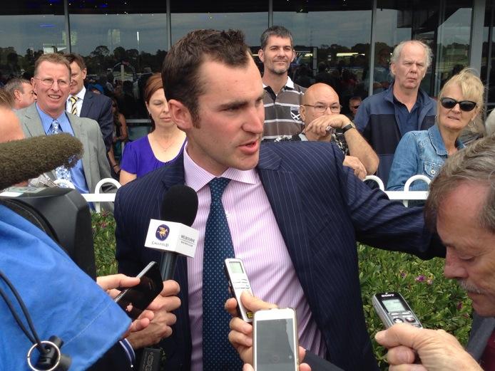 RacingVictoria's tweet photo. The media throng converge on trainer @archi3alexander after Renew gives him a maiden Stakes win http://t.co/GBoUVoBzSE