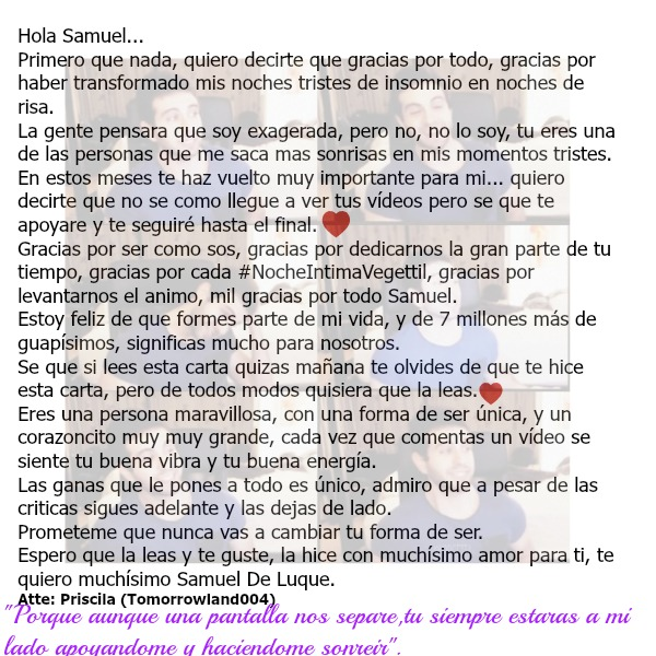 sunshinecavani's tweet photo. @vegetta777 Hola Samu ^^ ¿Podrías leer la carta que te hice? Besitos 😘 
Te quiero. 💜💜💜 http://t.co/8EgQxBCMj0