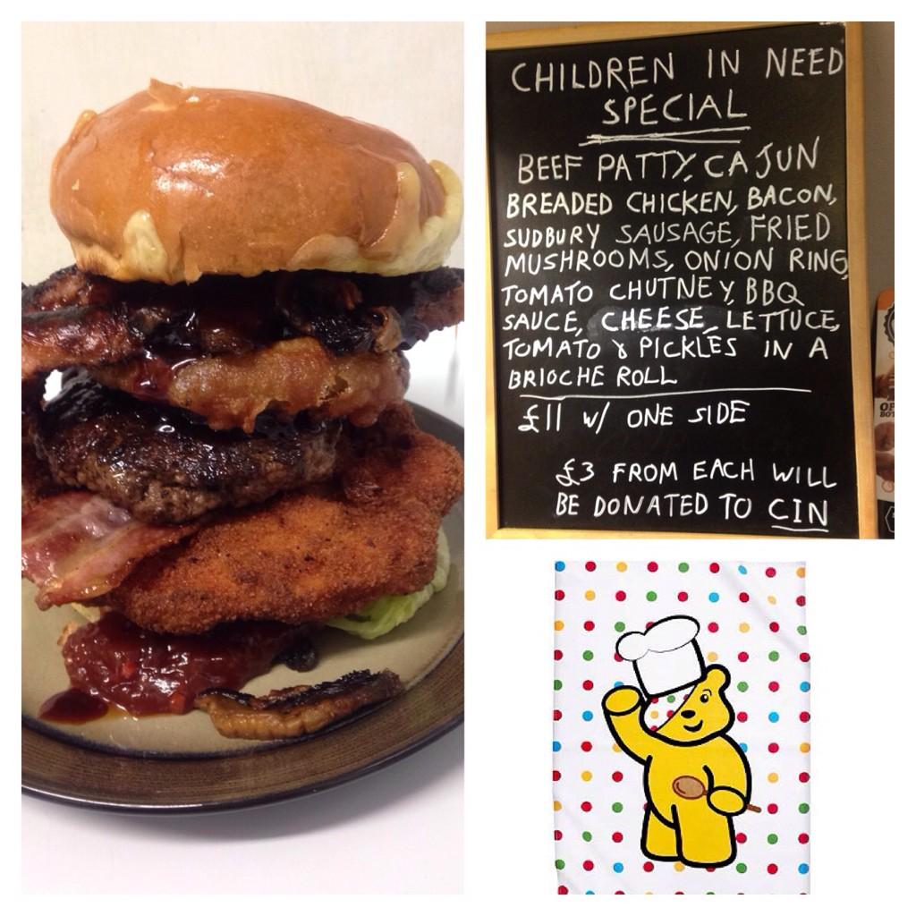 ShakesnBaps's tweet photo. Our @BBCCiN burger is selling well so far! Available all day today! #BBCCiN #ChildrenInNeed #BeAHero #burger http://t.co/RTFQ3kK0FM
