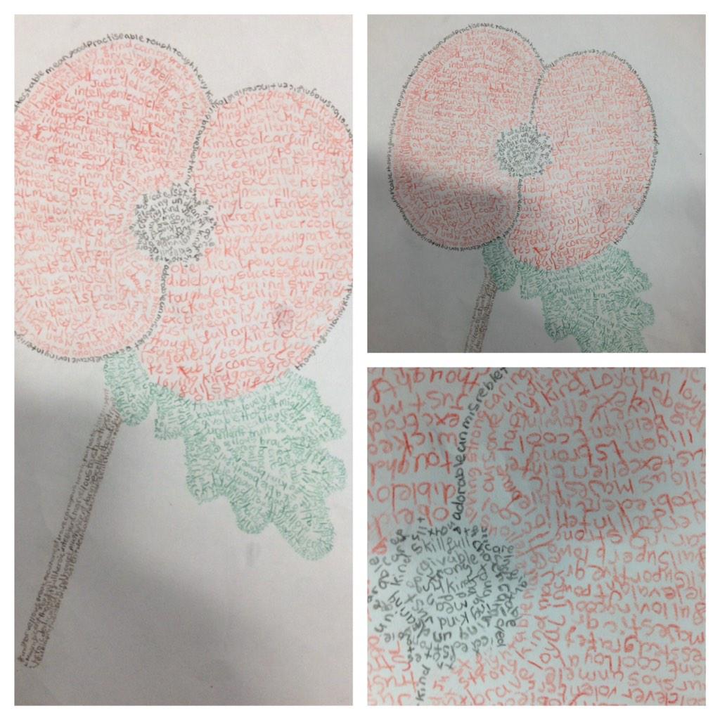 M_J_Sullivan_'s tweet photo. Poppies made from adjectives that describe soldiers - made to accompany thank-you letters! @alanpeat @ICT_MrP http://t.co/0WSuP9m7Jx