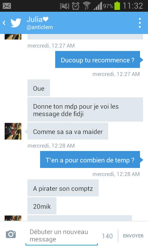BoudiLp's tweet photo. Elle est pas innocente elle voulait mon mdp pour pirater fidji! http://t.co/w1aRlGJJWQ