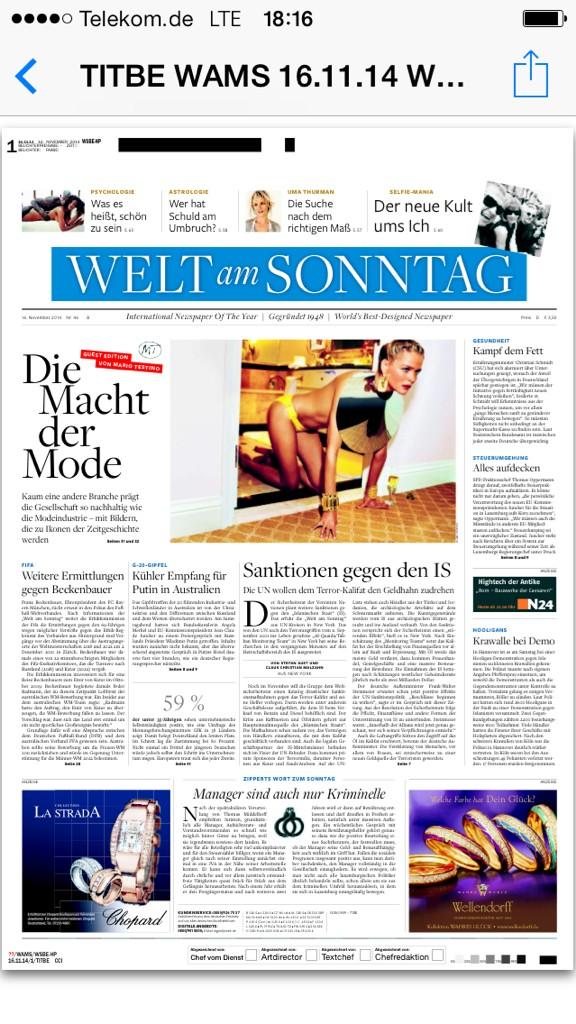 Die neue Titelseite der <a href="/welt/">WELT</a> am Sonntag. Guest Edition von und mit Starfotograf Mario Testino. Morgen am Kiosk.