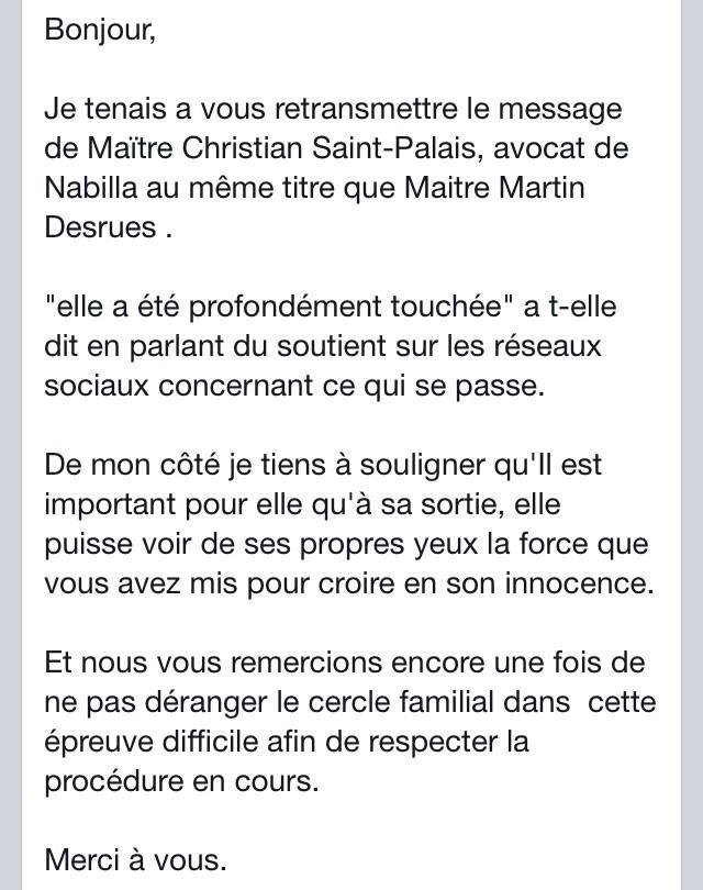 AddictNabilla's tweet photo. #INFO Message d'un proche de Nabilla qui date d'il y a quelques jours #AffaireNabilla #FreeNabila http://t.co/VsEJ2ztqhU