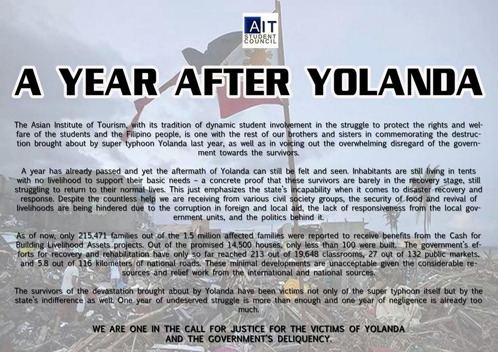 askAITSC1415's tweet photo. [ A YEAR AFTER YOLANDA ] 

AITSC's statement on the celebration of the 1st year anniversary of Typhoon Yolanda. http://t.co/1Bwqaf5pOm