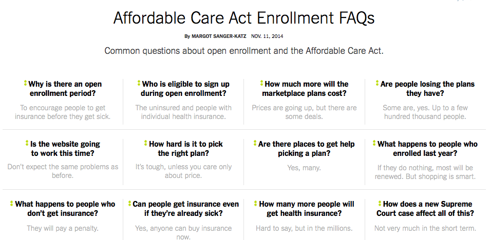 nytimes's tweet photo. Common questions about open enrollment and the Affordable Care Act http://t.co/5RcaJQxoa3 http://t.co/Uhj7uPPdFG
