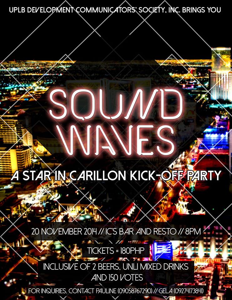 UPLBDevComSoc's tweet photo. 5 days left till #soundwaves2014
: A Star in Carillon Kick-Off Party 20 NOV 2014 // IC'S BAR AND RESTO // 8PM http://t.co/bxN3GGRfiI