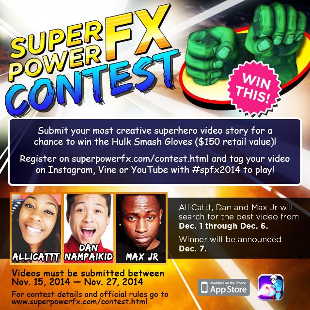 SuperPowerFX's tweet photo. Post your most creative super video for a chance to win Hulk Gloves! Go to http://t.co/eea3DvNyQ2 for deets #SPFX2014 http://t.co/W7JXsVNytY