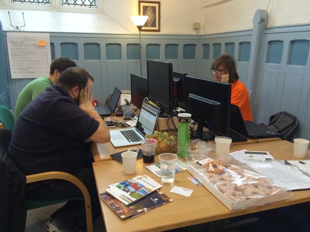 HazelLCottrell's tweet image. The guys in the corner are VERY hard at work #OpenCityScreen #24hrHackathon