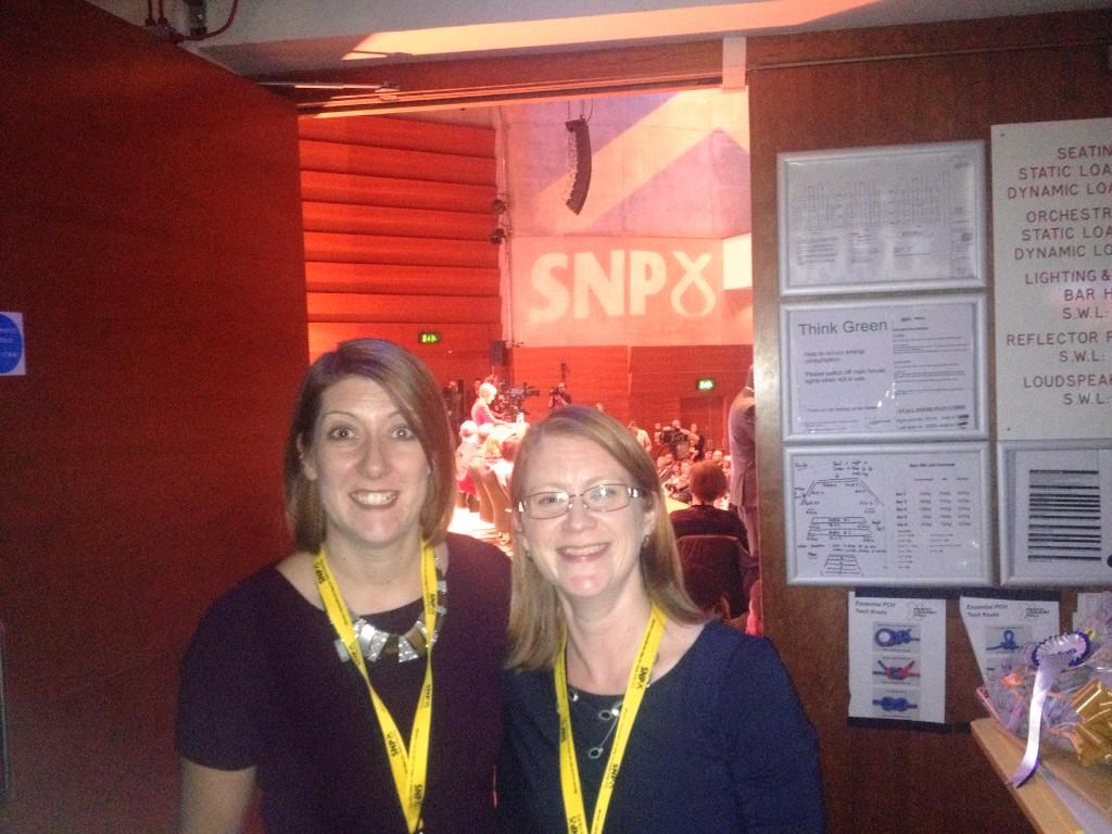 S_A_Somerville's tweet photo. Back stage with @SueRuddick listening to our first female leader @NicolaSturgeon at @theSNP conference #SNP2014 http://t.co/jXQZAZ1KV6