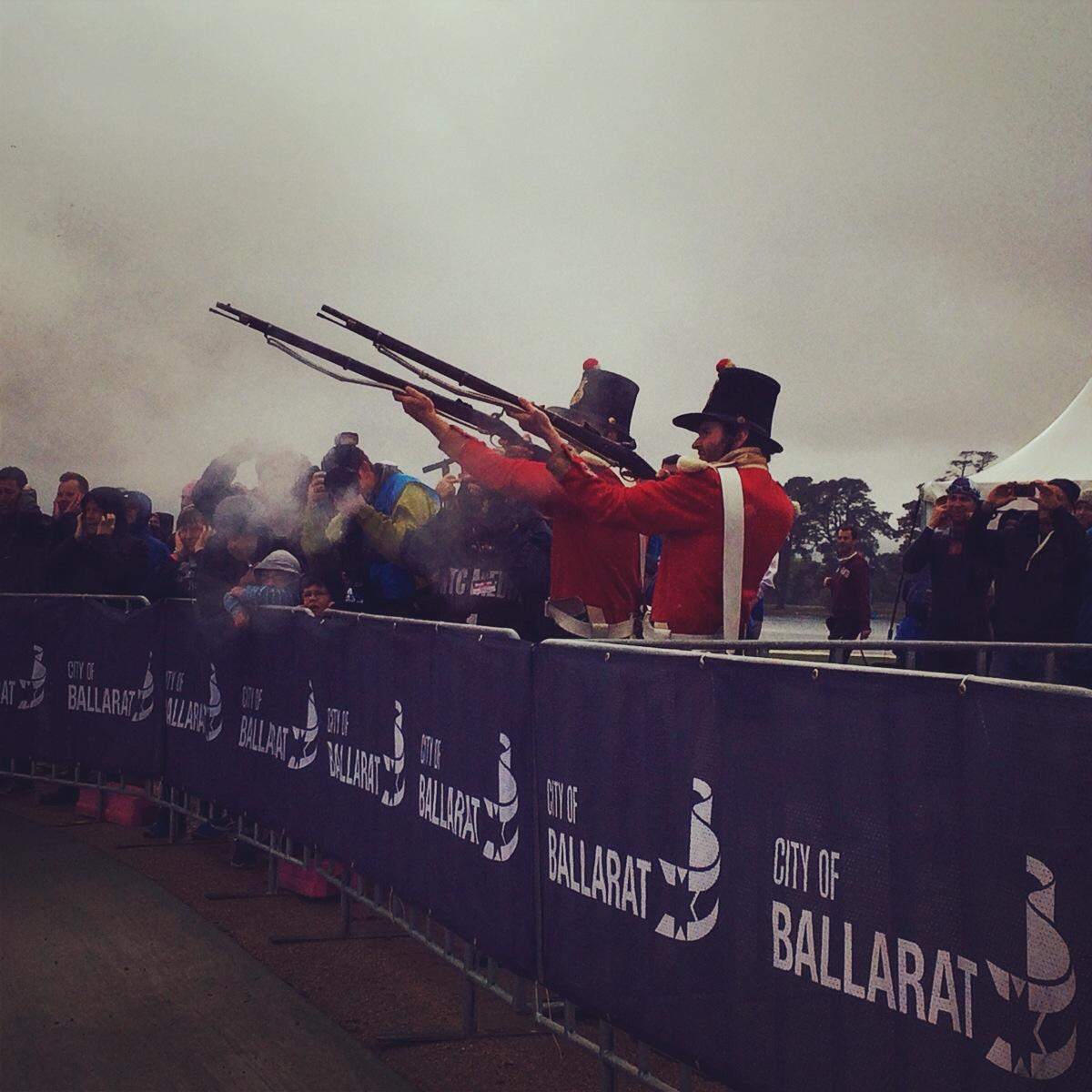 IRONMANOceania's tweet image. #IM703Ballarat The Red Coats have officially started the inaugural race.  MPro &amp;amp; FPro off and AGer's soon. #Awesome