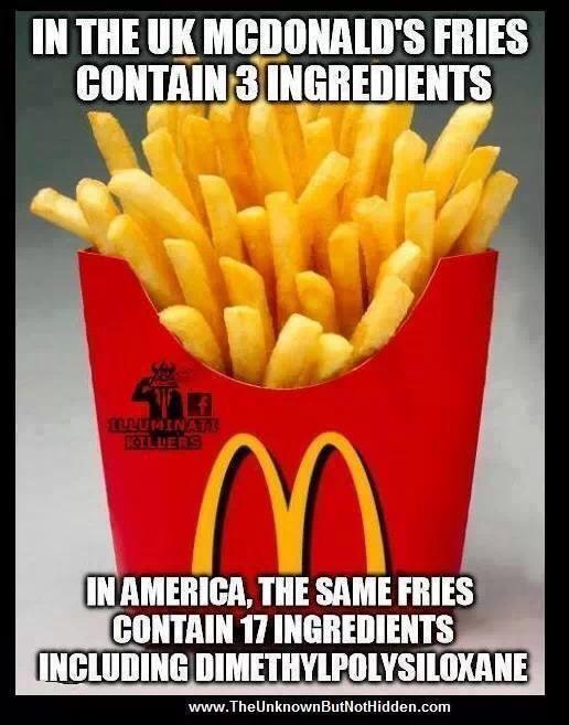 ICanStayHealthy's tweet photo. In the UK McDonalds fries contain 3 ingredients. In America, the same fries contain 17 ingredients... http://t.co/8QefwnKCEL