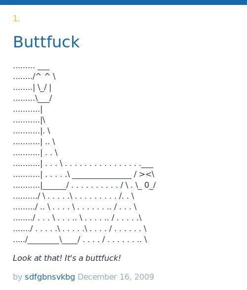 <a href="/TheWebbedMenace/">P€T£R PARK€R™</a> Buttfuck: ......... ___ ......../^ ^ \ ........| \_/ | ....... buttfuck.urbanup.com/4441435