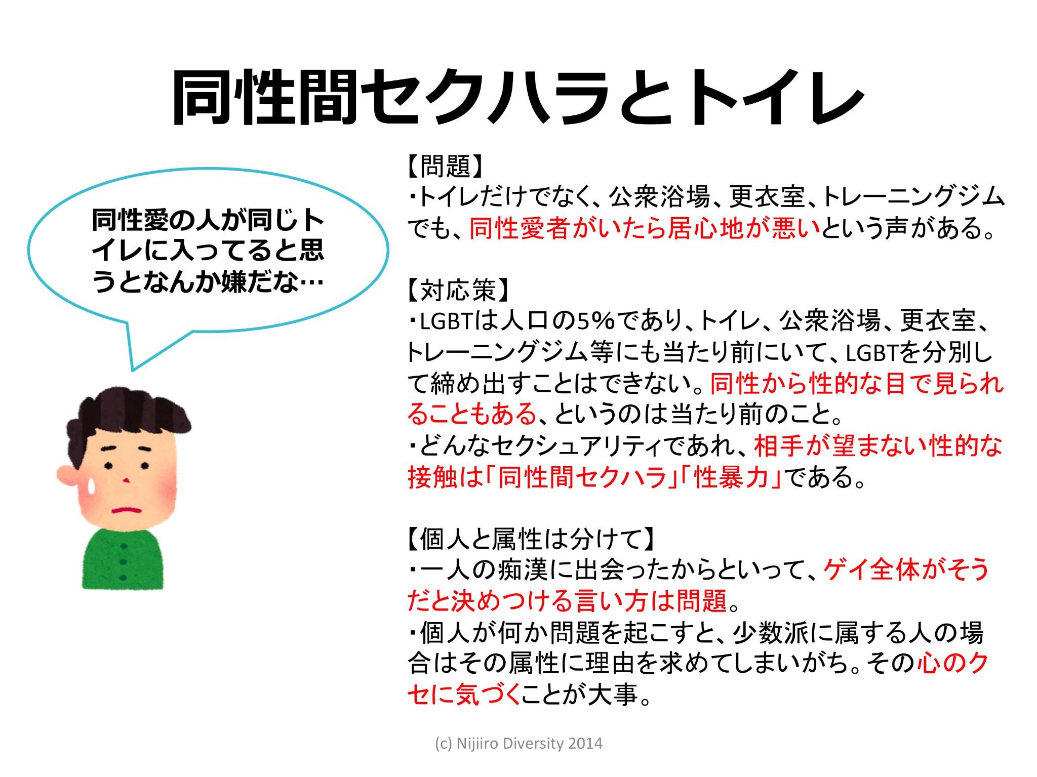 虹色ダイバーシティ on Twitter "LGBTトイレ問題、スライドの一部を掲載します。トイレでトラブルになり