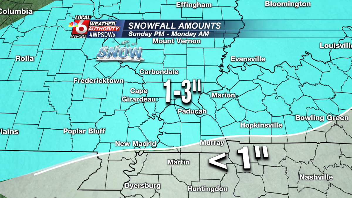 WPSDLocal6's tweet photo. 1-3" of snow possible north of the TN line. <1" TN line and MO Bootheel. Join us at 10pm. T.Shaw #WPSDWx http://t.co/FqdmpURkTT