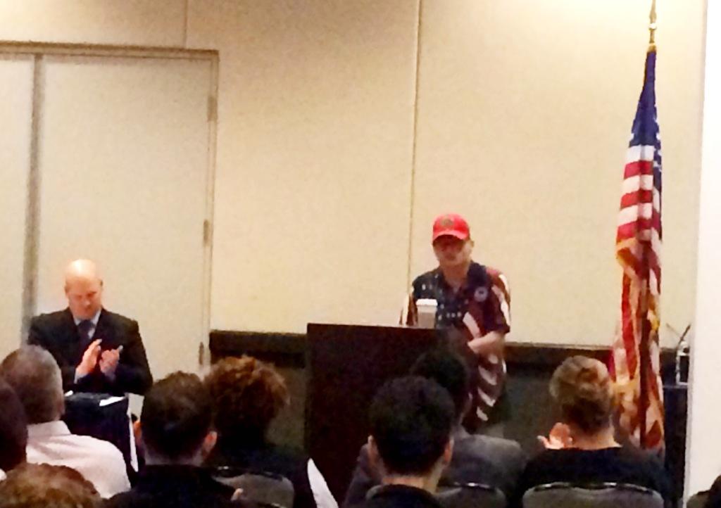 CDPVeterans's tweet photo. Founding #CDPVets Caucus Chair, Chair Emeritus #USMC Sgt Tom Swann, addresses the joint #Veterans/#LGBT mtg. #CADem http://t.co/oq7sPJ9jPO