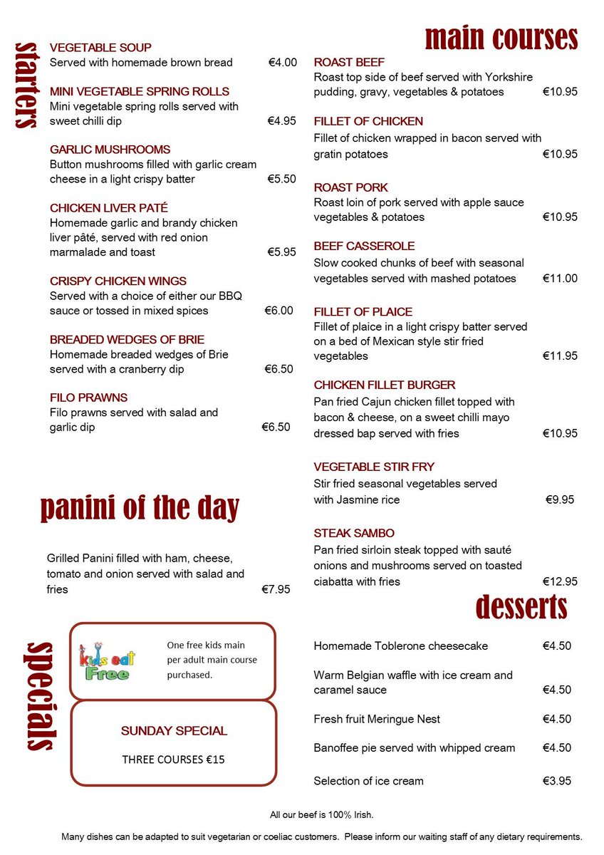 LeesKilcoole's tweet photo. Food served from 12 noon. 3 courses €15 &amp; kids eat free (one kids main per adult main purchased) http://t.co/dPPCYZONhM
