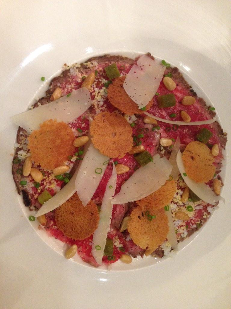 janutol's tweet photo. Beef carpaccio, cornichon, cured egg yolks, Parmesan. http://t.co/J8fuJJjm1A