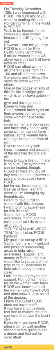 Sarah_baraa's tweet photo. A year ago I was diagnosed with PCOS and a year ago today I shared it with people. In the past year I haven't don... http://t.co/BNBPhzIojL