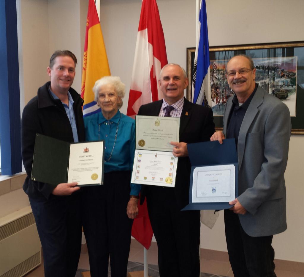 OromoctoM's tweet photo. Betty Powell receiving certificates from MLA Jody Carr,  Kevin Price and the Town of Oromocto for her 85th birthday http://t.co/B7nkyj2aQ2