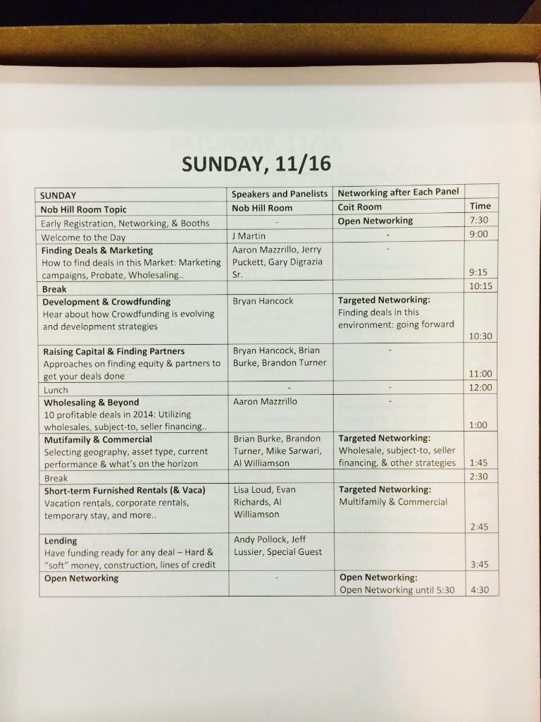 REMeetup's tweet photo. Full schedule of Sunday's #speakers and #networking sessions http://t.co/bfQ6qkdAEH