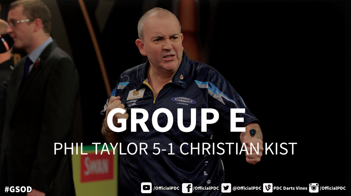 OfficialPDC's tweet photo. #GSODFINAL: Here are Phil Taylor's results in the group stages, as he topped Group E with a 100% record! http://t.co/pnDz5eIp6o