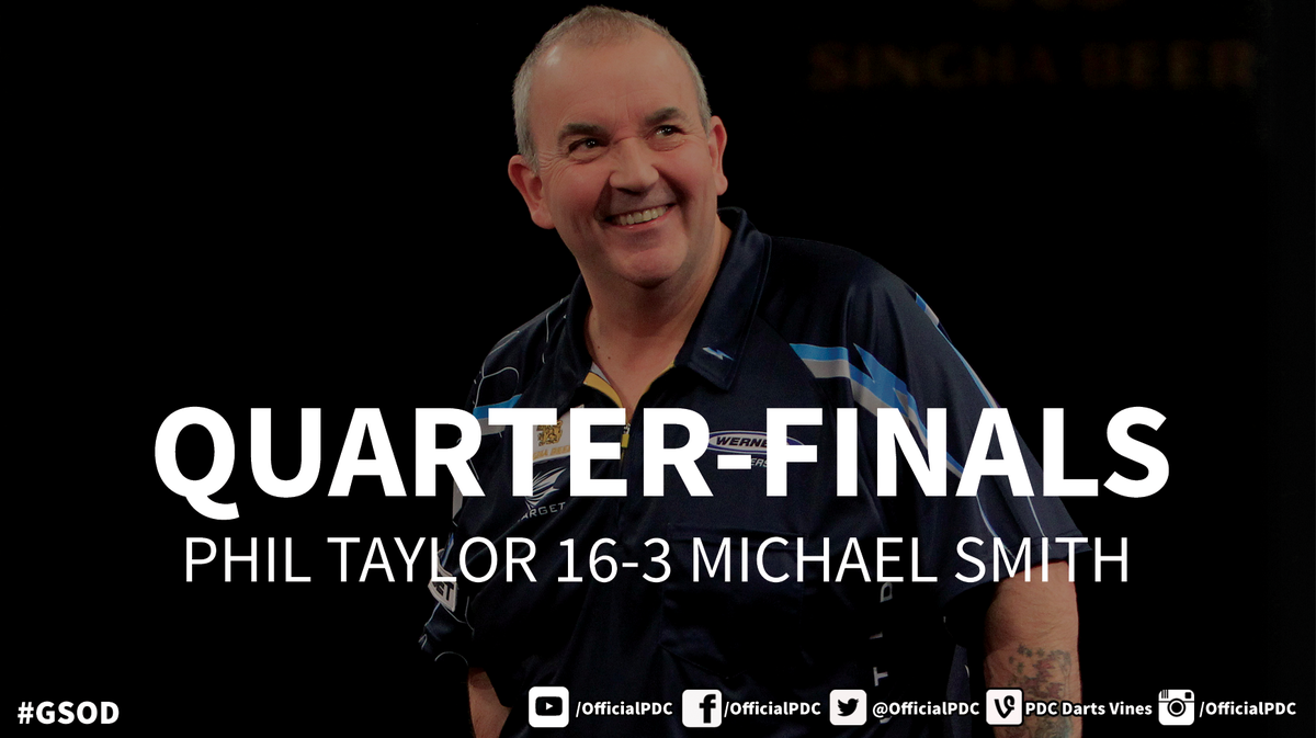 OfficialPDC's tweet photo. #GSODFINAL: Comfortable wins over Peter Wright, Michael Smith and Mervyn King sealed Taylor's place in the final! http://t.co/ORAUTYSFYV