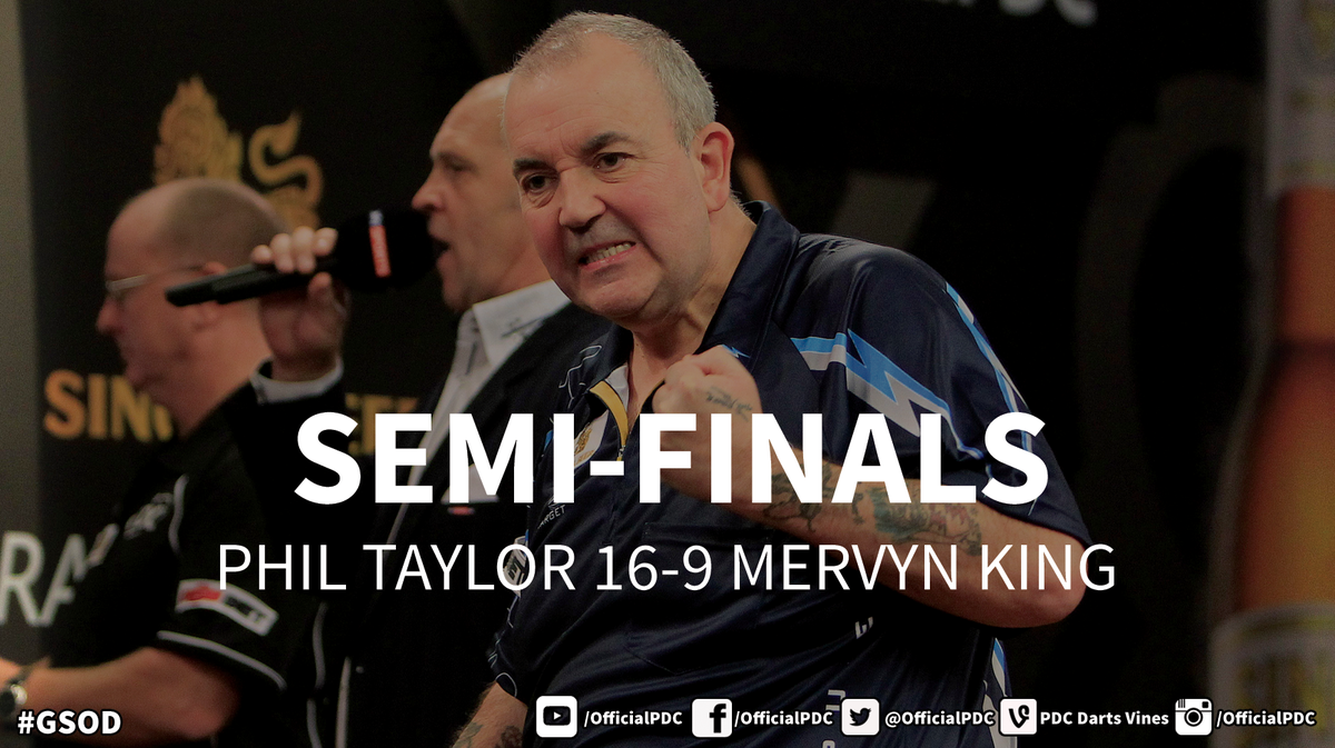 OfficialPDC's tweet photo. #GSODFINAL: Comfortable wins over Peter Wright, Michael Smith and Mervyn King sealed Taylor's place in the final! http://t.co/ORAUTYSFYV