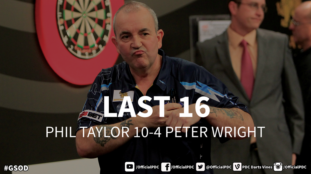 OfficialPDC's tweet photo. #GSODFINAL: Comfortable wins over Peter Wright, Michael Smith and Mervyn King sealed Taylor's place in the final! http://t.co/ORAUTYSFYV