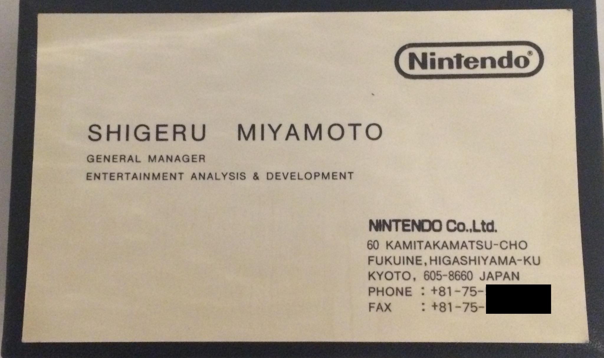 A treasured item and memory - Shigeru Miyamotos old business card! Happy Birthday, sir! :D *sheepyhugs* 