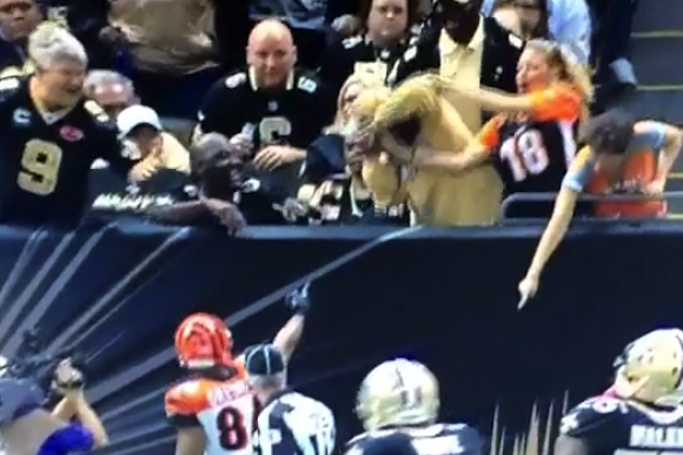 Black Saints fan throws elbow into white woman's face for ball (Video)