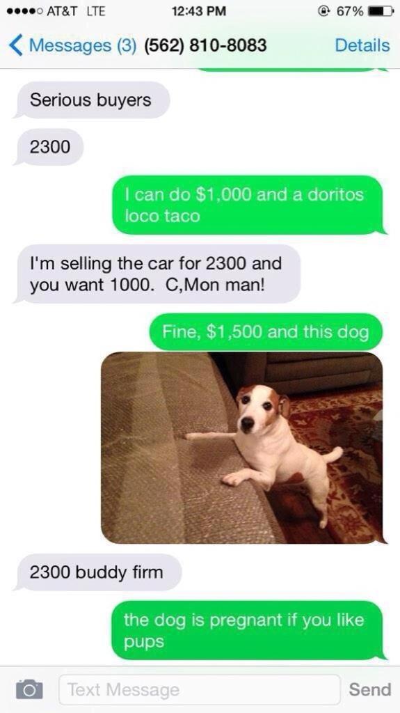 Whenrappersaids's tweet photo. In my spare time I text people off craigslist and give them really shitty offers for their cars 😂 http://t.co/nDISK7NFwh
