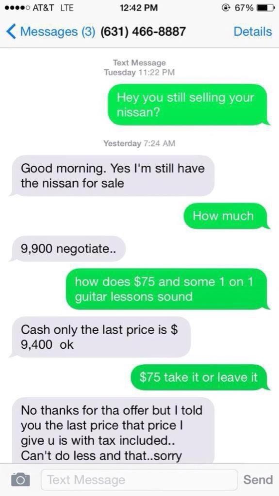 Whenrappersaids's tweet photo. In my spare time I text people off craigslist and give them really shitty offers for their cars 😂 http://t.co/nDISK7NFwh