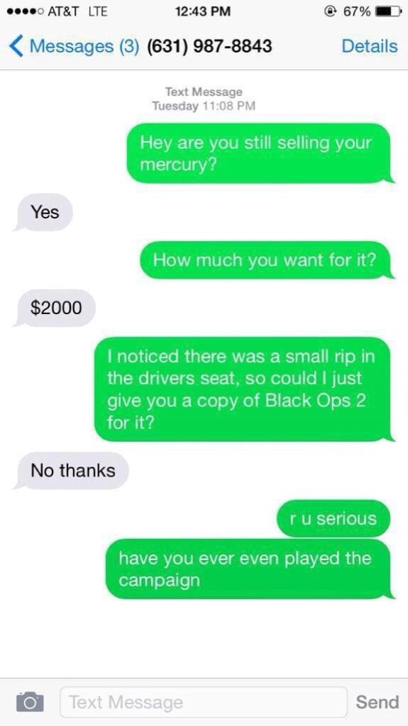 Whenrappersaids's tweet photo. In my spare time I text people off craigslist and give them really shitty offers for their cars 😂 http://t.co/nDISK7NFwh