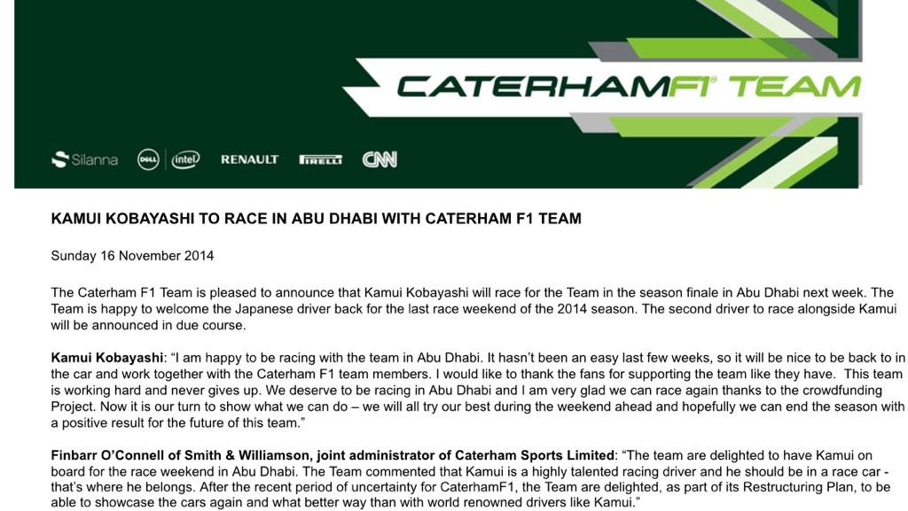 PG_F1's tweet photo. @kamuikobayashi will be driving for @CaterhamF1 in Abu Dhabi #DoubleDhabi #Caterham #F1 #F1extra @Formula1extra http://t.co/eav7ft7naA