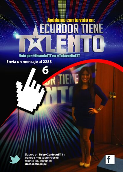 fernandaracines's tweet photo. Por favor ayudrnme con sus votos al 2288 opción 6 en ecuador tiene talento por yeseenia cordova http://t.co/A7Drjd1DKm