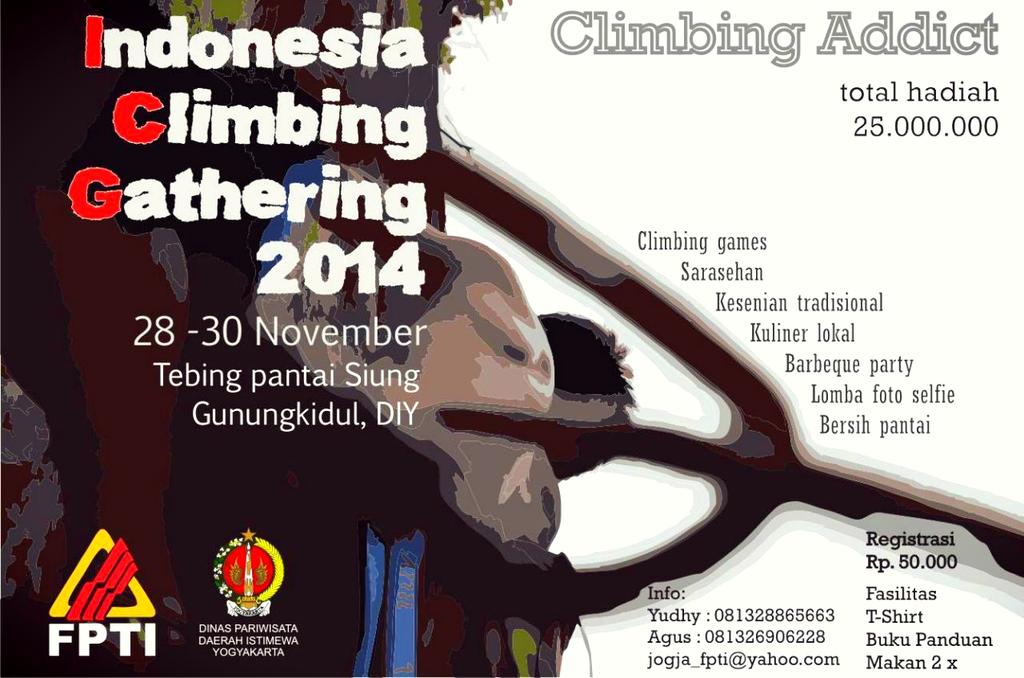 FPTIDIY's tweet photo. @KompasTV ICG 2014 | 28-30 Nop 2014 | Tebing Pantai Siung | Total Hadiah 25jt | #climbing #gathering http://t.co/niCZCJCmGj