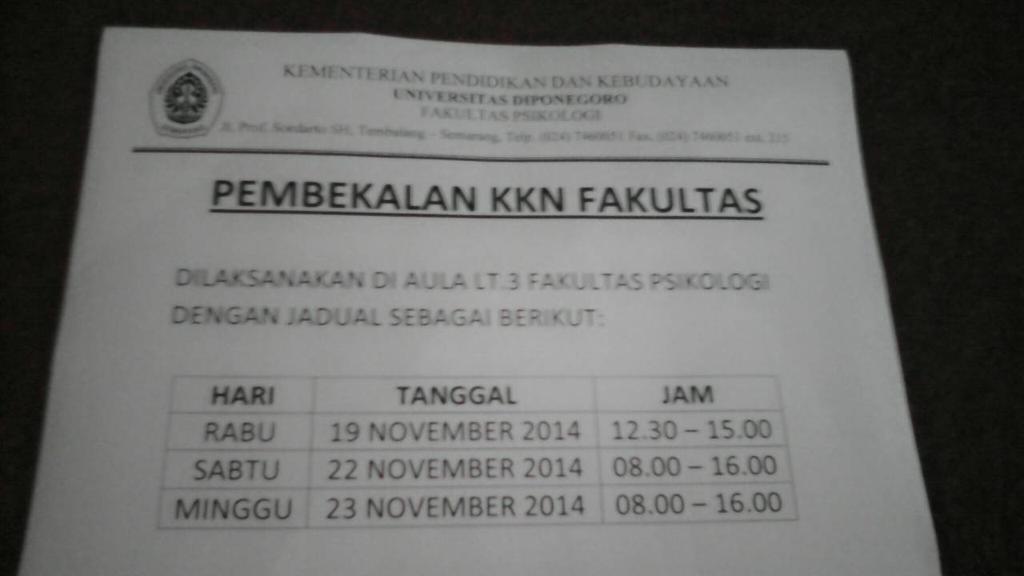 Nih siapa tau ada yg ketinggalan di grup. Pembekalan KKN fakultas @/aula dekanat FPsi yak. Makasih buat yg motoin. :D