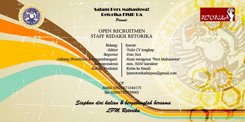 retorikafisipua's tweet photo. Siapkan diri kalian dan bergabunglah dg LPM Retorika FISIP UA. Pendaftaran mulai tgl 17-28 November 2014 @SOSPAK_UA13 http://t.co/FUqe01a3Jc