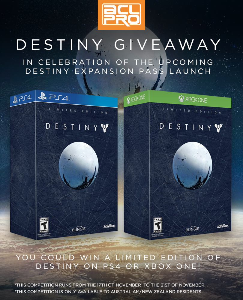 ACLPro's tweet photo. Want a limited edition of @DestinyTheGame on PS4 or Xbox? Follow &amp; retweet this tweet to win: http://t.co/IvYHGfoPtA http://t.co/KjosDqDOQV
