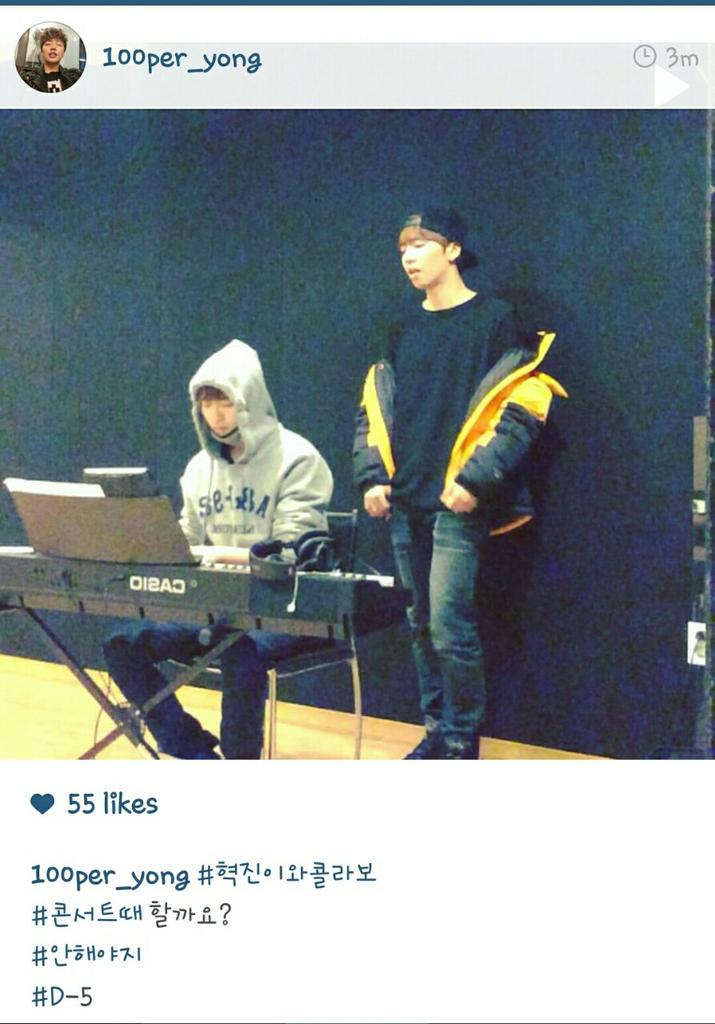 FullyChargedTH's tweet photo. [Trans] IG @100per_yongyong #Collaboration with Hyukjin
#Should i do it at the concert? 
#I'm not going to do it
#D-5 http://t.co/9x0t6xqBbO