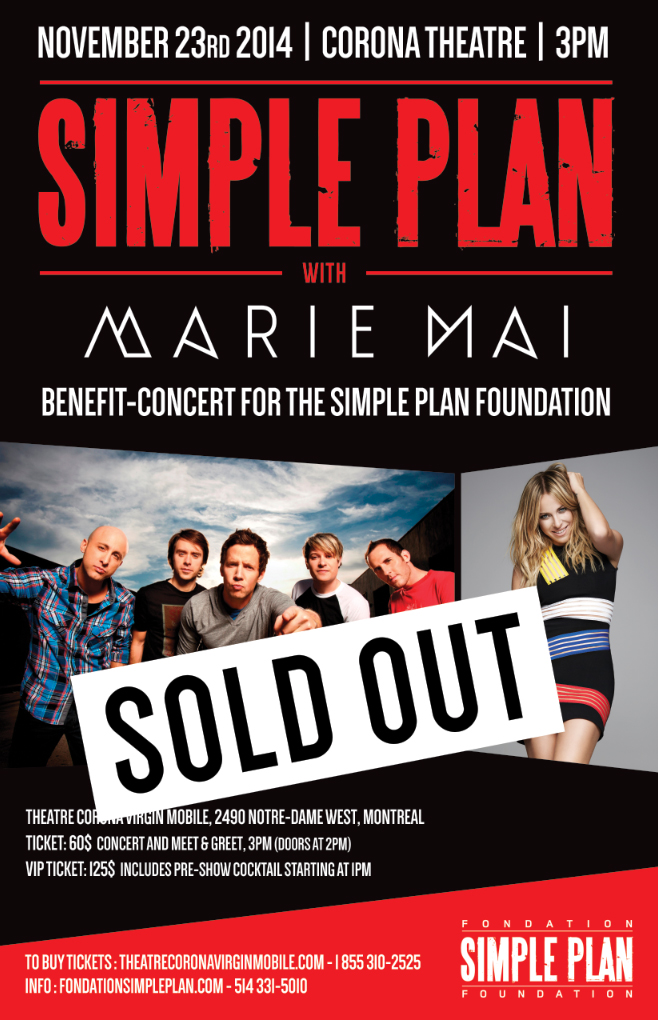 simpleplan's tweet image. Our @SimplePlanFDN show on 11.23 @TheatreCorona w/ @MarieMaiReal is officially SOLD OUT! Thank you &amp;amp; see you Sunday!