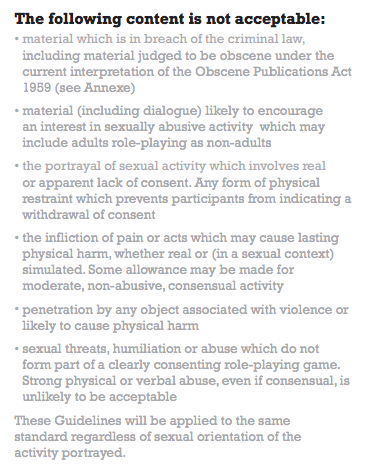 MylesJackman's tweet photo. "THE FOLLOWING CONTENT IS NOT ACCEPTABLE " @BBFC restrictive interpretation of OPA Guidelines: http://t.co/bTtpkFPzuf http://t.co/twxjzqpbbT