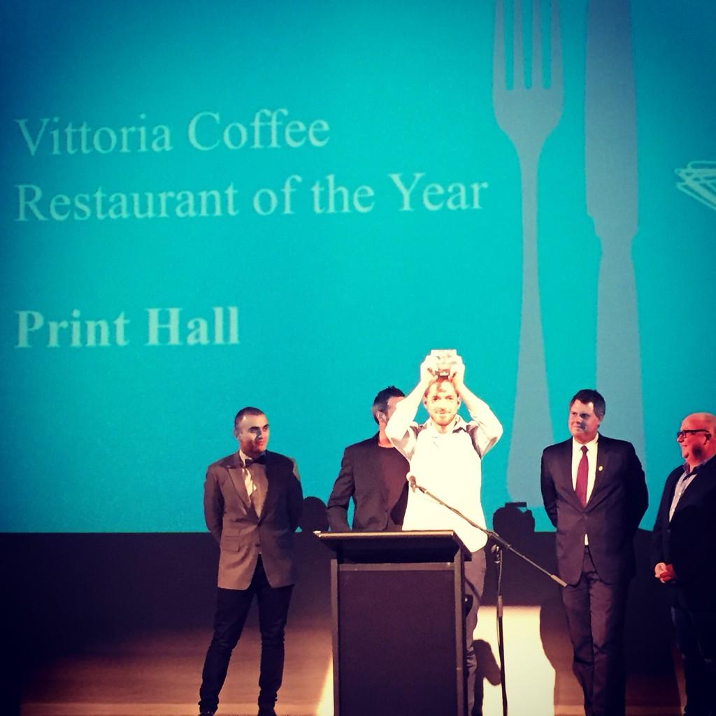 Print_Hall's tweet photo. @chef_dan_fisher @chefwatson74 @DannyWags receiving the award for Restaurant of the Year 2015 #wagfg2015 #printhall http://t.co/cz3EgDKGu2