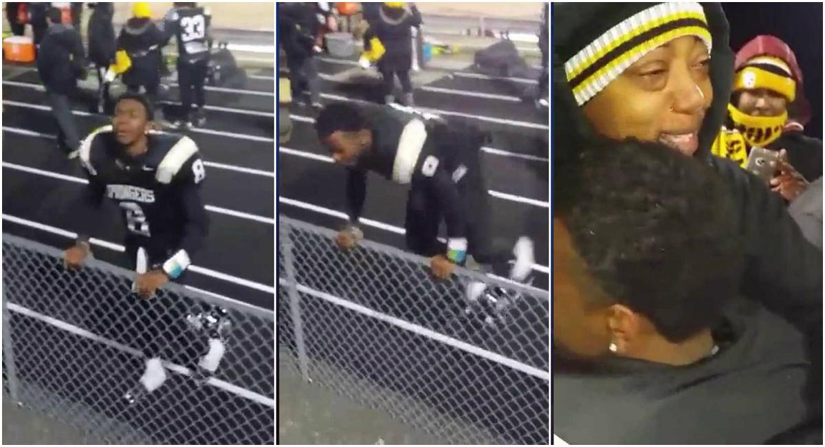 CBS6's tweet photo. Winning Highland Springs quarterback jumps fence to give mom a hug http://t.co/rbTcH5L2tY via @Scott_Wise #love #mom http://t.co/Dug92b9WDN