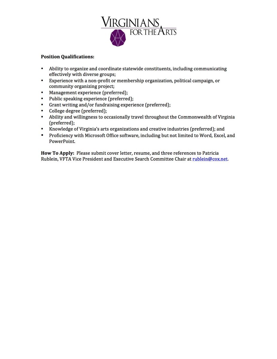 VAFORARTS's tweet photo. Help VFTA find our full time Executive Director. See the Job Announcement attached to this post. thanks! http://t.co/DqVwXfARyW