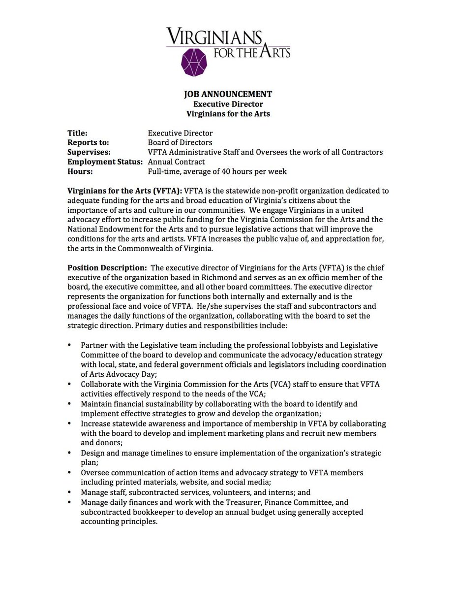 VAFORARTS's tweet photo. Help VFTA find our full time Executive Director. See the Job Announcement attached to this post. thanks! http://t.co/DqVwXfARyW