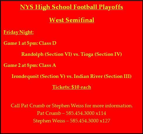 We have MORE <a href="/NYSPHSAA/">NYSPHSAA</a> Football this weekend! Friday Night: Game 1 - Class D Semifinal: #Tioga vs. #Randolph! #Roc