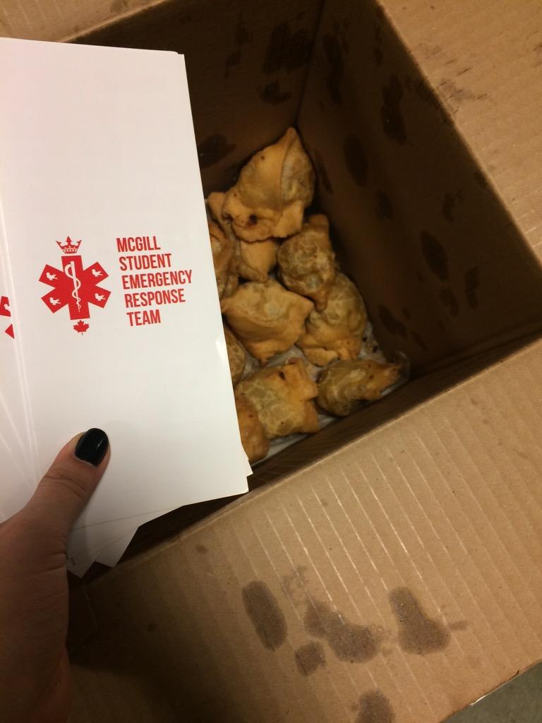 MSERT is here to save your Monday! We have samosas in burnside basement 😊 come get some before they're all sold out!