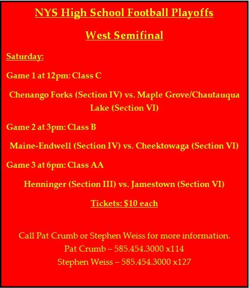 Saturday features 3 <a href="/NYSPHSAA/">NYSPHSAA</a> Football games! 
Game 1 @ 12pm: #ChenangoForks vs. #MapleGrove / #ChautauquaLake. #Roc